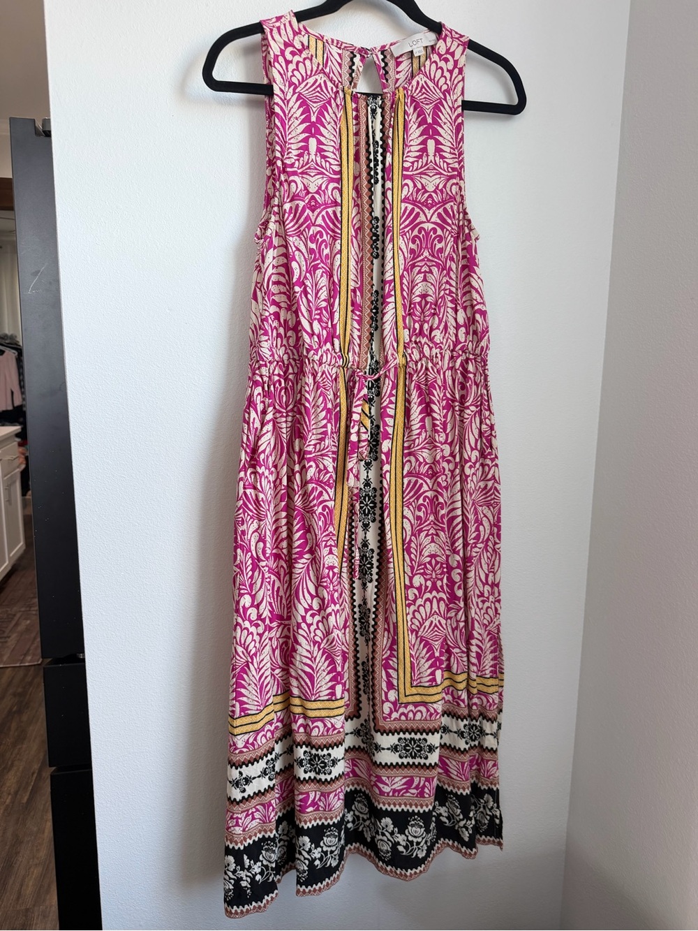 LOFT Pink Patterned Sleeveless Maxi Dress with Yellow and Black Accents